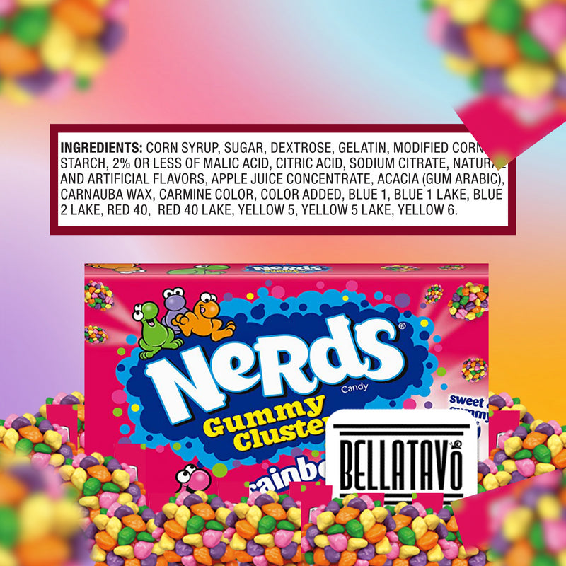 Gummy Clusters Rainbow Candy Bundle. Includes Three- 3 Oz Movie Theater Candy Boxes of Nerds Gummy Clusters Candy. Sweet, Tangy, & Crunchy Candy! Each Bundle Comes with a BELLATAVO Fridge Magnet.