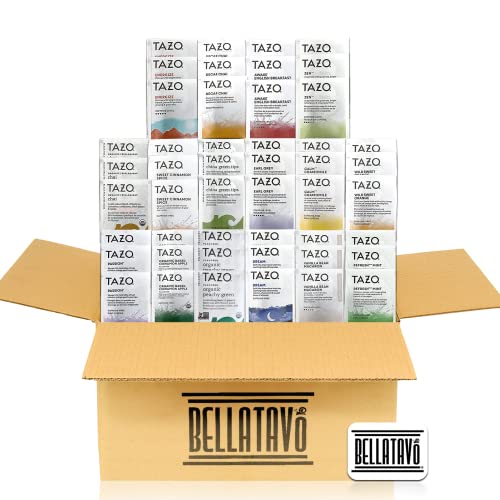 Assorted Tazo Tea Variety Pack. Includes 48 Tazo Tea Bags. Variety Pack Bundled with a BELLATAVO Fridge Magnet in a Bellatavo Gift Box. Get Three Each of 16 Flavors of Assorted Tazo Tea Bags.