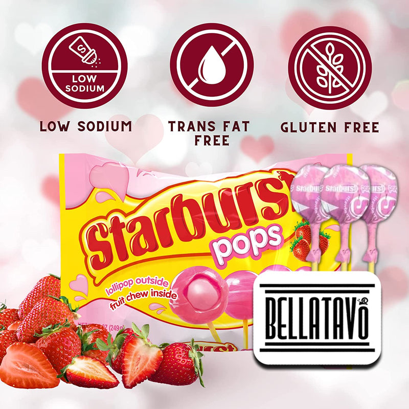 All Pink Strawberry Lollipop Bundle. Includes Two-8.8 Oz Bags of All Pink Strawberry Starburst Pops Plus a BELLATAVO Fridge Magnet! Starburst Pops are Filled with Strawberry Candy Fruit Chews Inside!