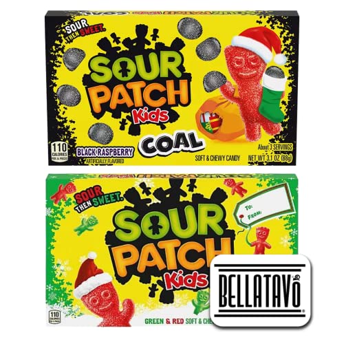 Christmas Candy Stocking Stuffers Bundle. Includes Two-3.1 Oz Sour Patch Kids Theater Box Candy Plus a BELLATAVO Fridge Magnet! One Sour Patch Kids Coal & Sour Patch Kids Red and Green Holiday Candy