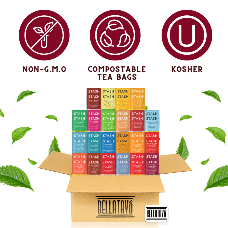 Decaf Tea Bags Assorted Tea Variety Pack. Includes 44-Ct of Stash Tea Variety Pack Bundled with a BELLATAVO Fridge Magnet. Get Two Each of 22 Flavors of Assorted Tea Bags. Total of 44 Stash Tea Bags.