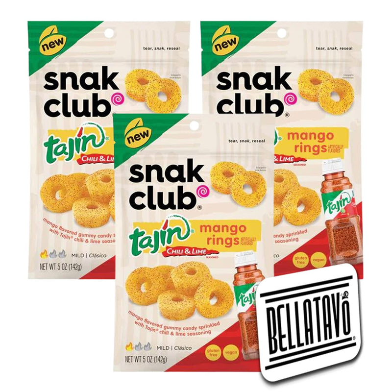 Gummy Rings Mango Candy Bundle. Includes Three-5 Oz Bags of Snak Club Tajin Mango Gummy Rings Plus a BELLATAVO Fridge Magnet! Snak Club Tajin Gummy Snacks are Gluten Free and Vegan Gummy Candy!