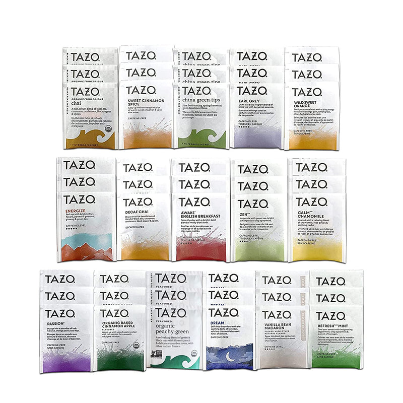 Assorted Tazo Tea Variety Pack. Includes 48 Tazo Tea Bags. Variety Pack Bundled with a BELLATAVO Fridge Magnet in a Bellatavo Gift Box. Get Three Each of 16 Flavors of Assorted Tazo Tea Bags.