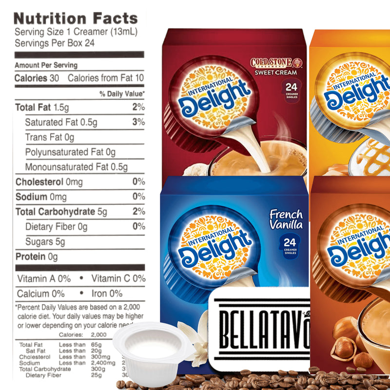 Coffee Creamer Singles Variety Pack. Includes Four-24 Count Boxes of Delight Coffee Creamer Plus a BELLATAVO Fridge Magnet! One of Each: French Vanilla, Caramel Macchiato, Hazelnut & Sweet Cream!