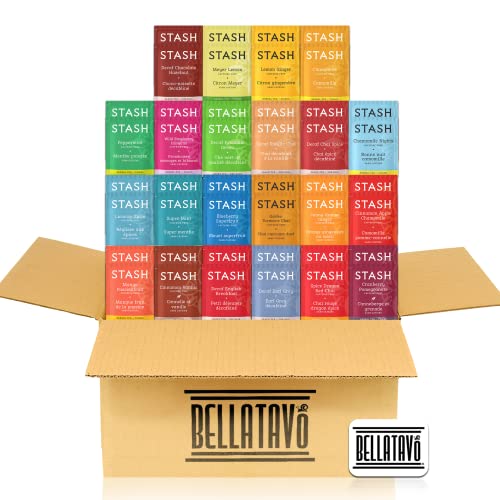 Decaf Stash Tea Variety Pack. Includes 44 Caffeine Free Stash Tea Bags Bundled with a BELLATAVO Fridge Magnet. Two Each of 22 Flavors of Assorted Tea Bags. Total 44 Stash Tea Bags In A BELLATAVO Box.