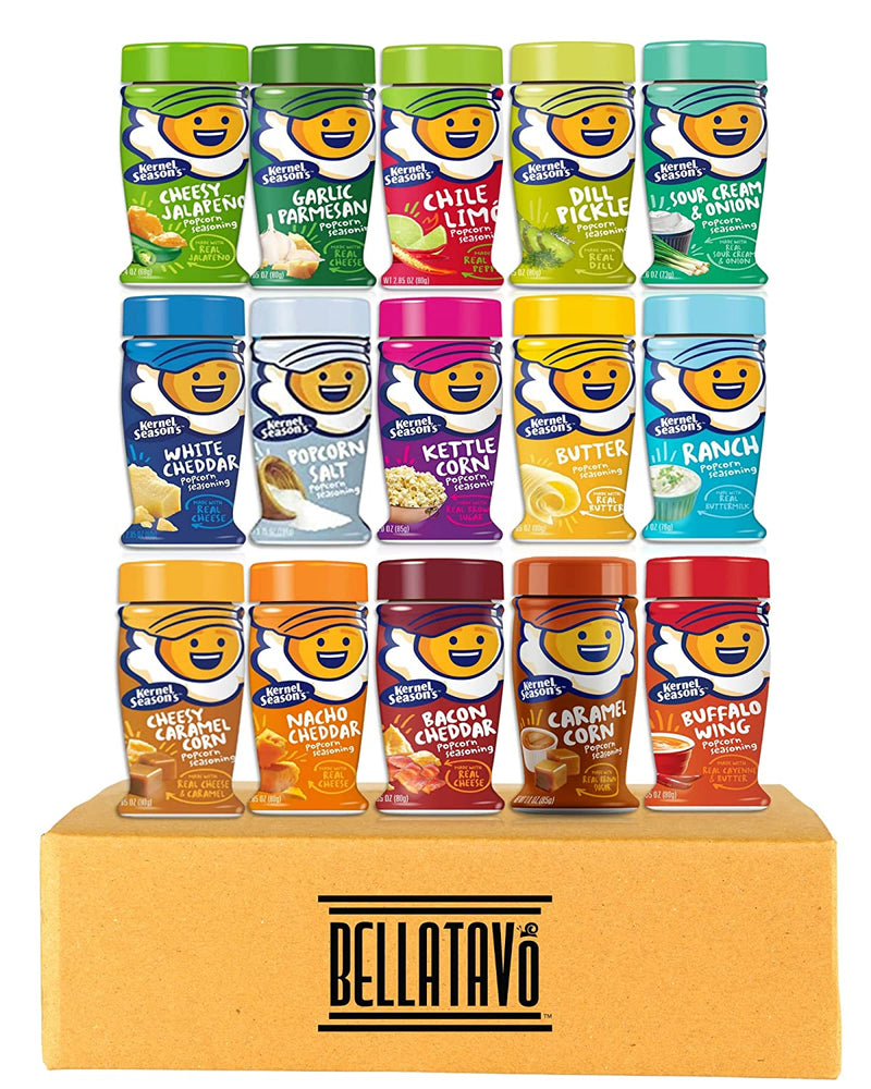 Ultimate Popcorn Seasoning Variety Pack Bundle. Includes Fifteen Kernel Season's Popcorn Seasoning Regular Jars in a BELLATAVO Box Plus Ten Popcorn Bags. Fifteen Popcorn Seasoning Flavors in One Box!