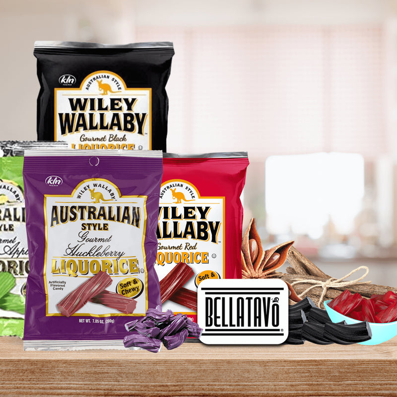 Licorice Candy Variety Pack. Includes Four-7.05 Oz Bags of Wiley Wallaby Licorice Plus a BELLATAVO Fridge Magnet. One of Each: Red Strawberry, Green Apple, Huckleberry Licorice & Black Licorice Candy.
