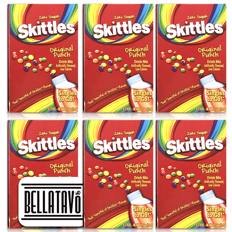 Original Punch Drink Mix Bundle. Includes Six Boxes of Skittles Singles To Go Drink Mix and a BELLATAVO Fridge Magnet. Each Box has Six Skittles Original Punch Singles To Go Flavoring Water Enhancer!