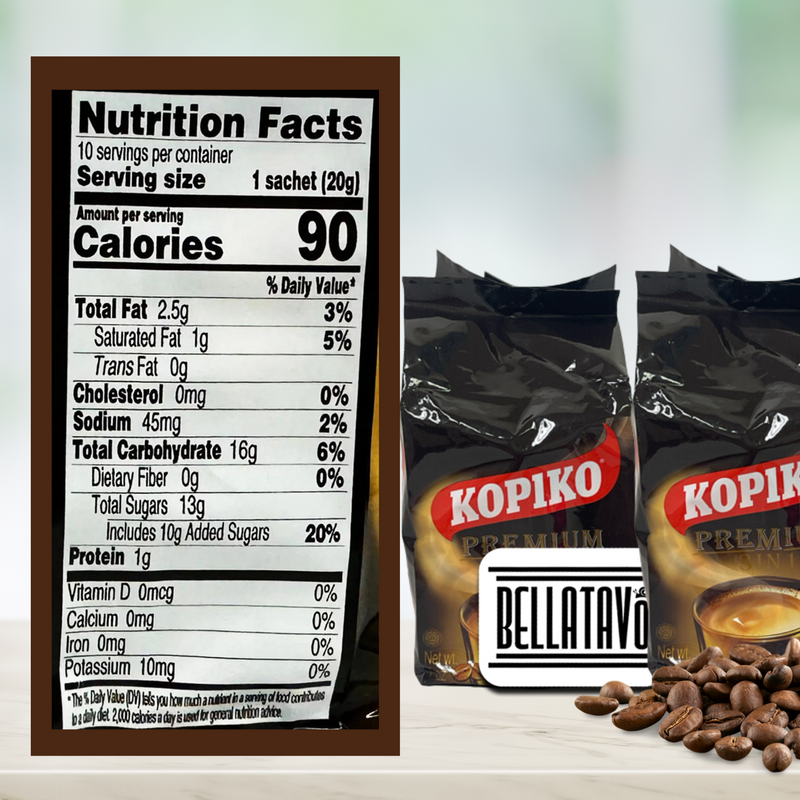 Instant Coffee Variety Pack. Includes 3 Packs of Kopiko Instant Coffee. One of each Flavor: Kopiko 3 in 1 Premium Coffee Mix, Brown, and Blanca. This Bundle Comes with a BELLATAVO Fridge Magnet.