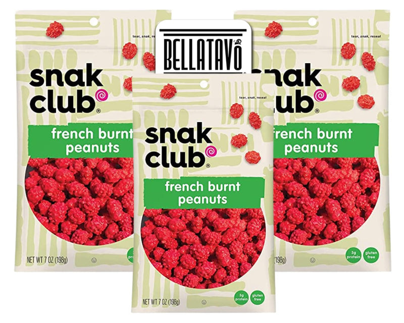 French Burnt Peanuts Bundle. Includes Three-7 Oz Bags of Snak Club French Burnt Peanuts Plus a BELLATAVO Fridge Magnet. These French Burnt Peanuts are Gluten Free and Kosher!