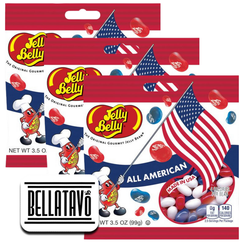 Jelly Bean Candy Treat Bundle. Includes Three-3.5 Oz Bags of Jelly Belly All American Jelly Beans. Perfect 4th of July Candy Treat! Every Bundle Comes with a BELLATAVO Refrigerator Magnet!