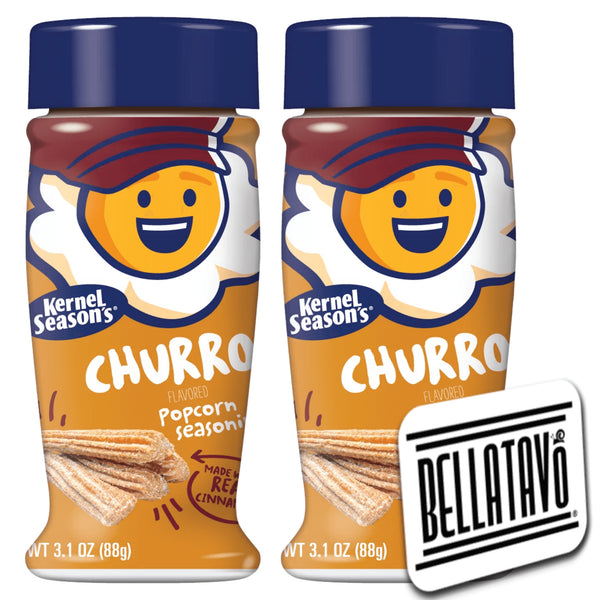 Churro Popcorn Seasoning Bundle. Includes Two-3.1 Oz Bottles of Kernel Season's Churro Popcorn Seasoning plus a BELLATAVO Ref Magnet! This Churro Seasoning Powder is made with real Cinnamon!