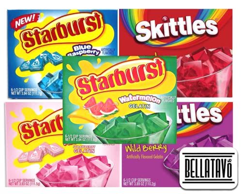 Flavored Gelatin Mix Variety Pack. Includes Three Starburst and Two Skittles Gelatin Powder Mix Plus a BELLATAVO Fridge Magnet! Total of Five Assorted Flavored Gelatin Powder Mix in a Bundle Pack!