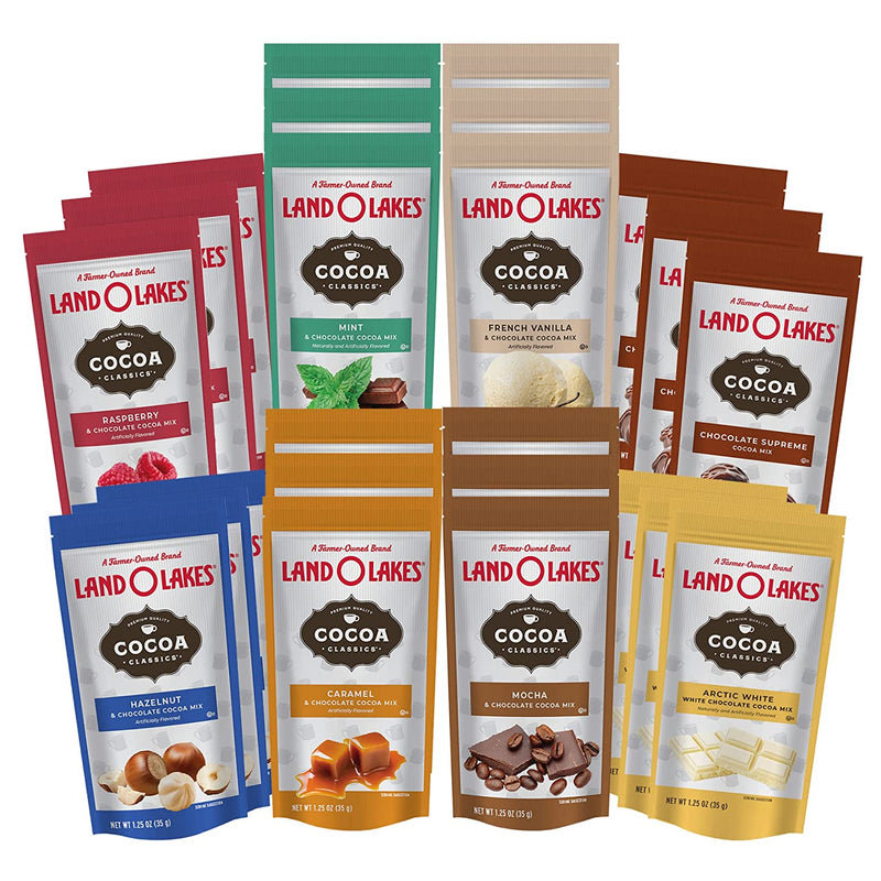 Hot Cocoa Mix Variety Pack Box. Includes Twenty Four-1.25 Oz Land O Lakes Hot Chocolate Packets Plus a BELLATAVO Fridge Magnet! Three Each of Eight Flavors of Easy To Prepare Hot Cocoa Mix Packets
