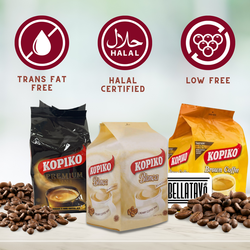 Instant Coffee Variety Pack. Includes 3 Packs of Kopiko Instant Coffee. One of each Flavor: Kopiko 3 in 1 Premium Coffee Mix, Brown, and Blanca. This Bundle Comes with a BELLATAVO Fridge Magnet.