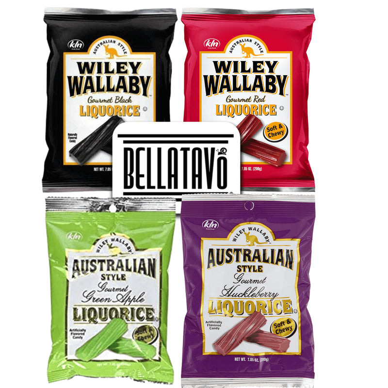 Licorice Candy Variety Pack. Includes Four-7.05 Oz Bags of Wiley Wallaby Licorice Plus a BELLATAVO Fridge Magnet. One of Each: Red Strawberry, Green Apple, Huckleberry Licorice & Black Licorice Candy.