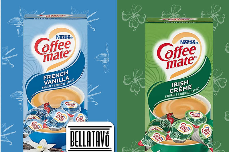 Coffee Creamer Singles Variety Pack Includes 4-50 Ct Boxes of Coffee Mate Liquid Coffee Creamer. 1 Each: Original, French Vanilla, Irish Creme & Hazelnut Creamer! Comes With a BELLATAVO Fridge Magnet!