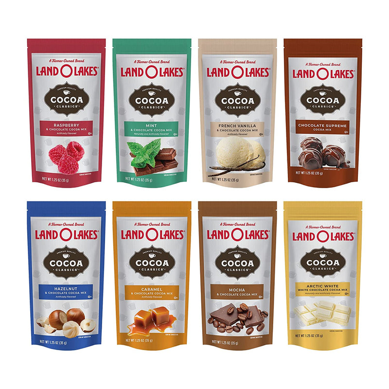 Hot Cocoa Mix Variety Pack Box. Includes Twenty Four-1.25 Oz Land O Lakes Hot Chocolate Packets Plus a BELLATAVO Fridge Magnet! Three Each of Eight Flavors of Easy To Prepare Hot Cocoa Mix Packets