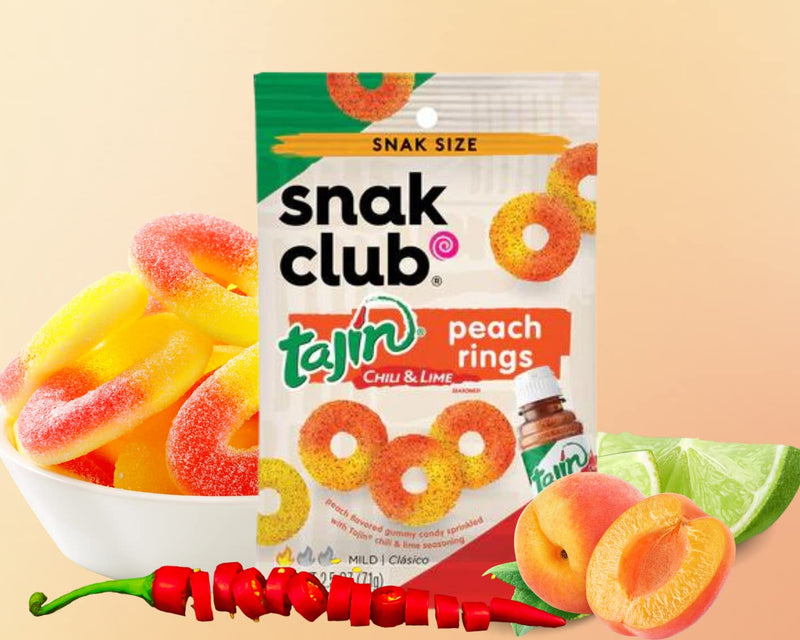 Peach Rings Gummy Candy Bundle. Includes Twelve 2.5 Oz Snack Size Bags of Snak Club Tajin Peach Rings and a BELLATAVO Fridge Magnet. Snak Club Tajin Peach Rings are Vegan Candy!