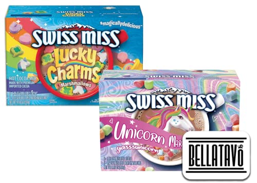 Hot Cocoa Mix Variety Pack Bundle. Includes Two Boxes of Swiss Miss Hot Chocolate and a BELLATAVO Ref Magnet! One box Each of Swiss Miss Unicorn Marshmallow and Swiss Miss Lucky Charms Hot Chocolate