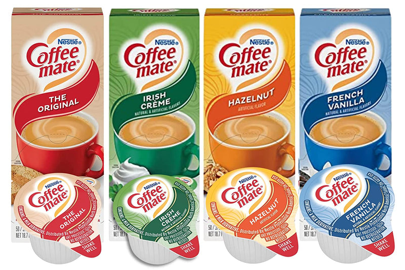 Coffee Creamer Singles Variety Pack Includes 4-50 Ct Boxes of Coffee Mate Liquid Coffee Creamer. 1 Each: Original, French Vanilla, Irish Creme & Hazelnut Creamer! Comes With a BELLATAVO Fridge Magnet!