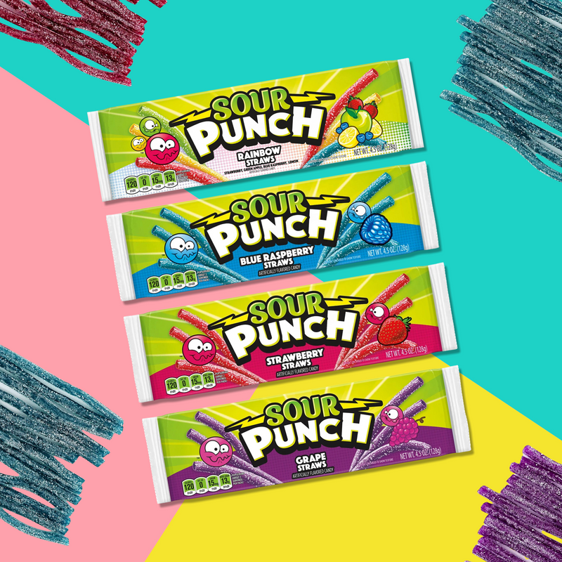 Sweet and Sour Candy Variety Pack. Includes Four- 4.5 Oz Bags of Sour Punch Straw Candy. Flavors Include Rainbow, Strawberry, Blue Raz & Grape! Each Variety Pack Comes with a BELLATAVO Fridge Magnet!