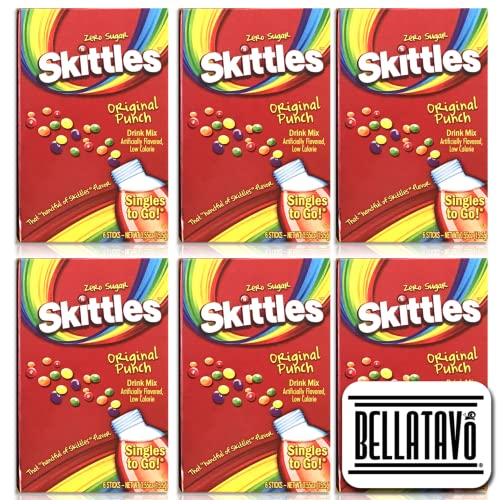 Original Punch Drink Mix Bundle. Includes Six Boxes of Skittles Singles To Go Drink Mix and a BELLATAVO Fridge Magnet. Each Box has Six Skittles Original Punch Singles To Go Flavoring Water Enhancer!
