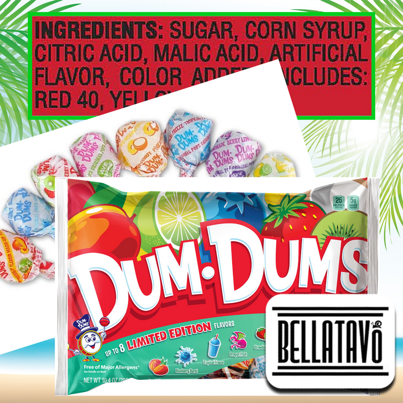 Tropical Lollipops Bundle. Includes Two-10.4 Oz Bags of Dum-Dums Limited Edition Lollipops. Comes with Individually Wrapped Lollipops in 8 Delicious Fruit Flavors Plus a BELLATAVO Fridge Magnet!