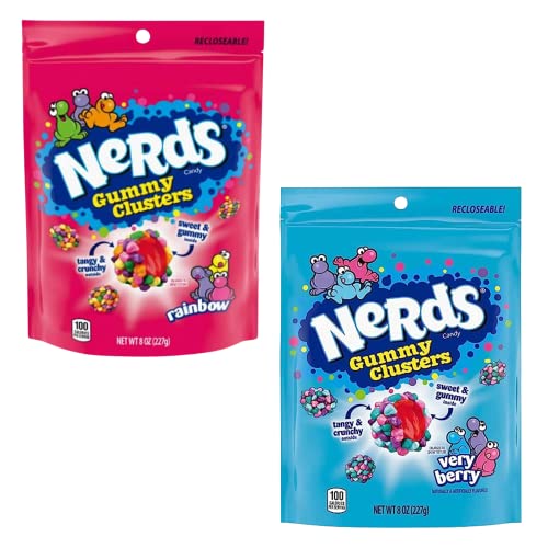 Very Berry and Rainbow Gummy Clusters Candy Bundle. Includes One-8 Oz Nerds Very Berry Gummy Cluster and One-8 Oz Nerds Rainbow Gummy Cluster that comes with Free BELLATAVO Refrigerator Magnet.