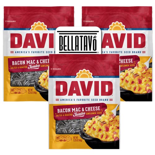 Mac and Cheese Sunflower Seeds Bundle. Includes Three-5.25 Oz Bags of David Bacon Mac & Cheese Sunflower Seeds Plus a BELLATAVO Fridge Magnet! David Sunflower Seeds Contains No Artificial Flavors