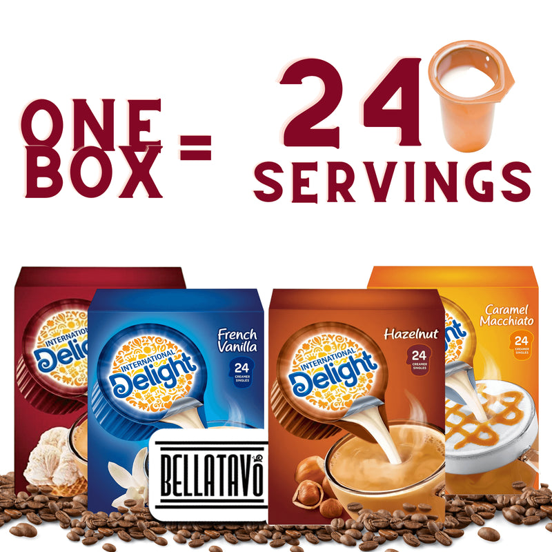 Coffee Creamer Singles Variety Pack. Includes Four-24 Count Boxes of Delight Coffee Creamer Plus a BELLATAVO Fridge Magnet! One of Each: French Vanilla, Caramel Macchiato, Hazelnut & Sweet Cream!