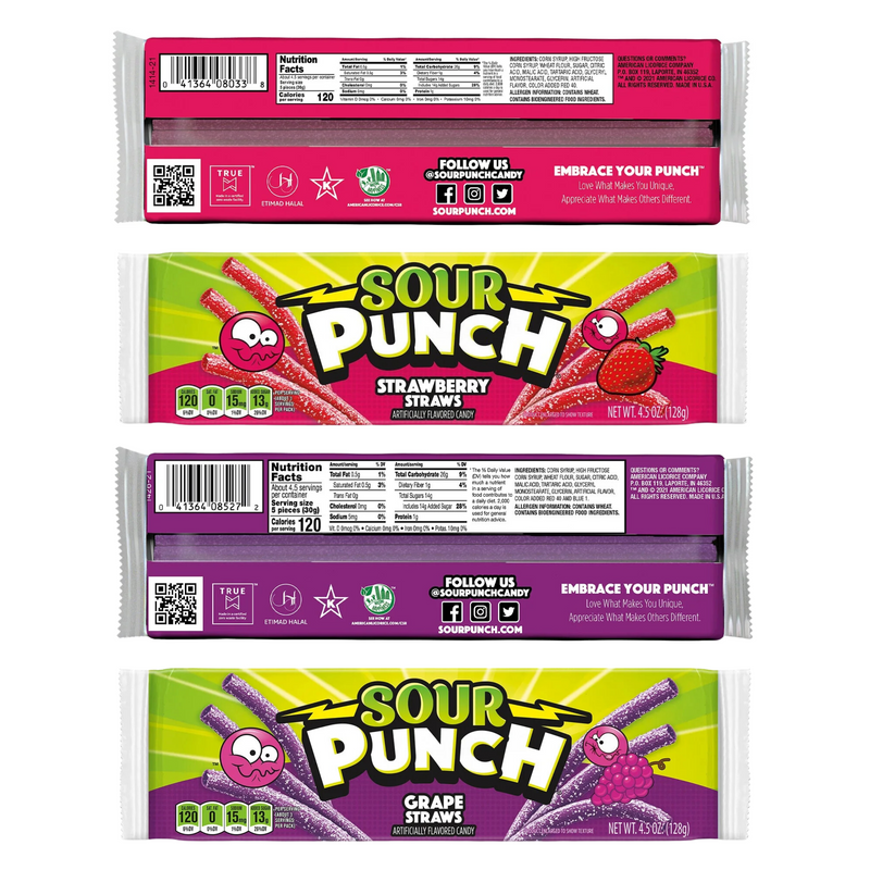 Sweet and Sour Candy Variety Pack. Includes Four- 4.5 Oz Bags of Sour Punch Straw Candy. Flavors Include Rainbow, Strawberry, Blue Raz & Grape! Each Variety Pack Comes with a BELLATAVO Fridge Magnet!