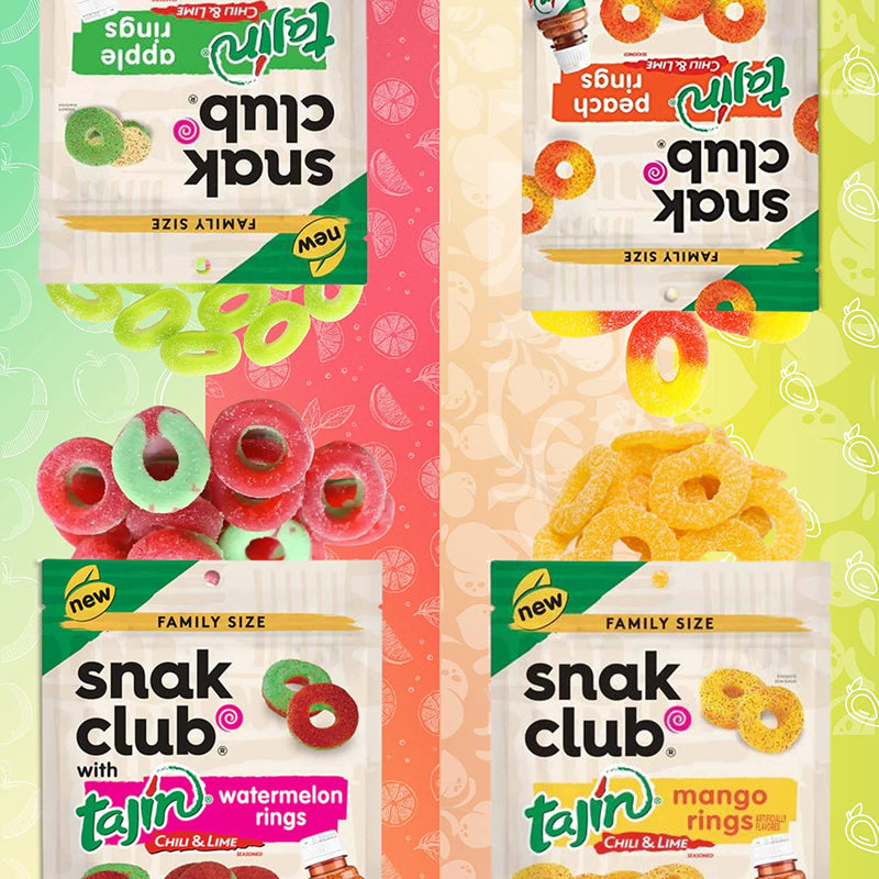 Gummy Rings Vegan Candy Bundle. Includes Four-11 Oz Bags of Snak Club Tajin Gummy Rings Plus a BELLATAVO Fridge Magnet! One Each: Peach Rings, Watermelon Rings, Mango Gummies & Apple Rings!