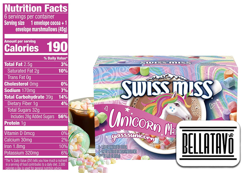 Hot Cocoa Mix Variety Pack Bundle. Includes Two Boxes of Swiss Miss Hot Chocolate and a BELLATAVO Ref Magnet! One box Each of Swiss Miss Unicorn Marshmallow and Swiss Miss Lucky Charms Hot Chocolate
