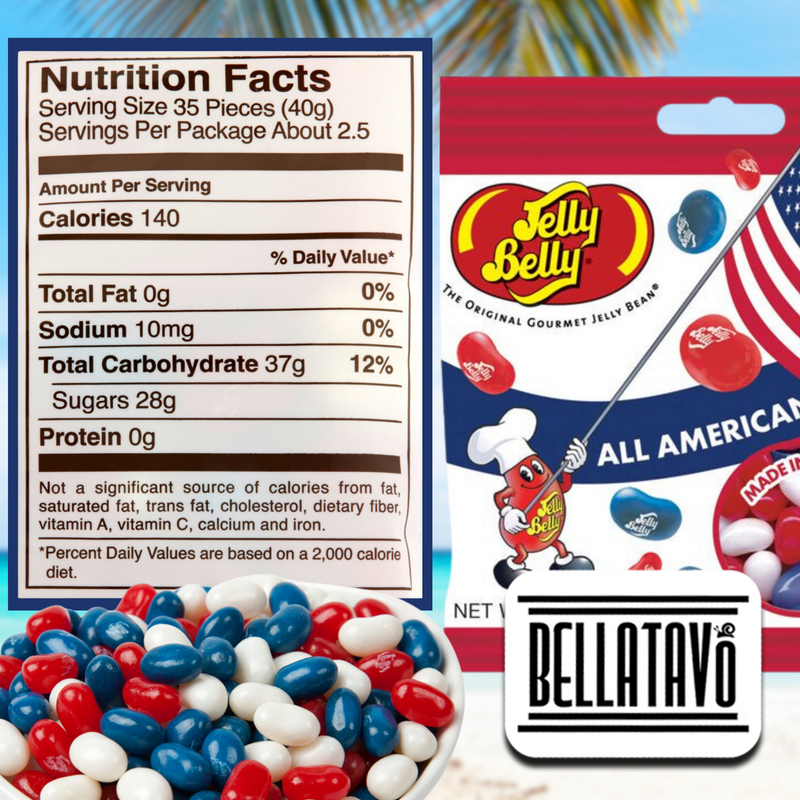 Jelly Bean Candy Treat Bundle. Includes Three-3.5 Oz Bags of Jelly Belly All American Jelly Beans. Perfect 4th of July Candy Treat! Every Bundle Comes with a BELLATAVO Refrigerator Magnet!