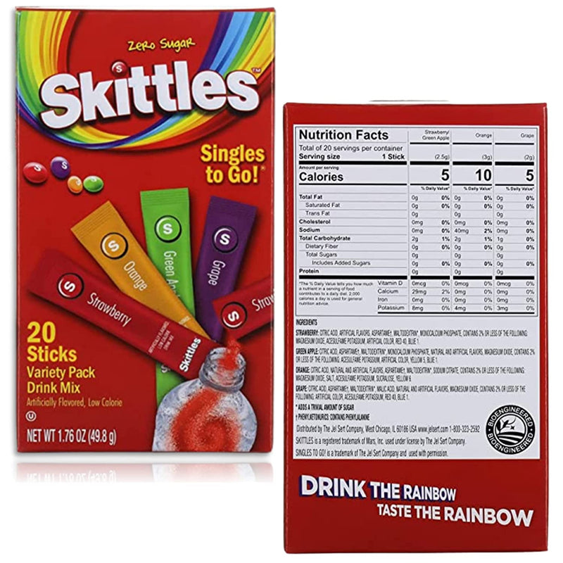 Singles To Go Drink Mix Bundle. Includes Two-20 Count Boxes of Skittles Singles To Go Drink Mix Plus a BELLATAVO Refrigerator Magnet. Total of 40 Water Enhancer Drink Mix Packets!
