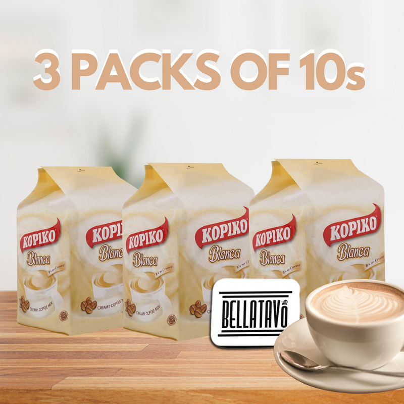 Blanca Instant Coffee Mix Bundle. Includes 3 Packs of Rich & Creamy Kopiko Blanca Instant Coffee Mix. Deliciously Sweet Coffee with a Touch of Cream. This Bundle Comes with a BELLATAVO Fridge Magnet.