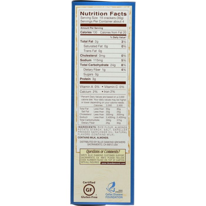 Nutritional Label Photo of Blue Diamond Gluten Free Almond Nut Thins