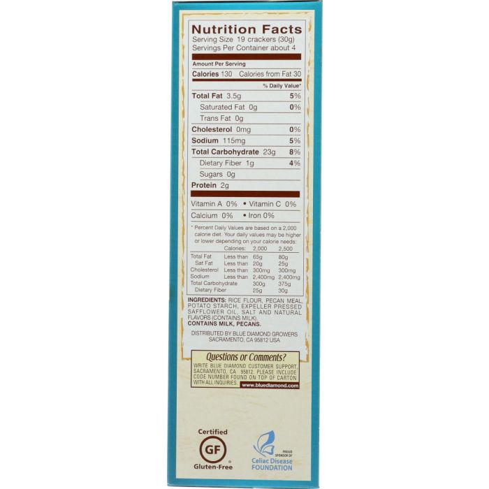 Nutritional Label Photo of Blue Diamond Almonds Pecan Nut Thins