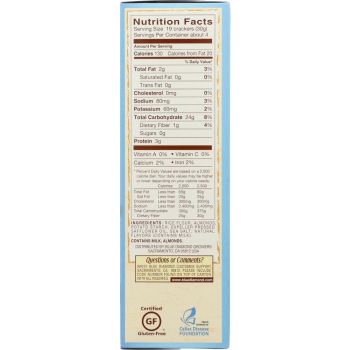 Nutritional Label Photo of Blue Diamon Hint of Sea Salt Almond Nut Thins