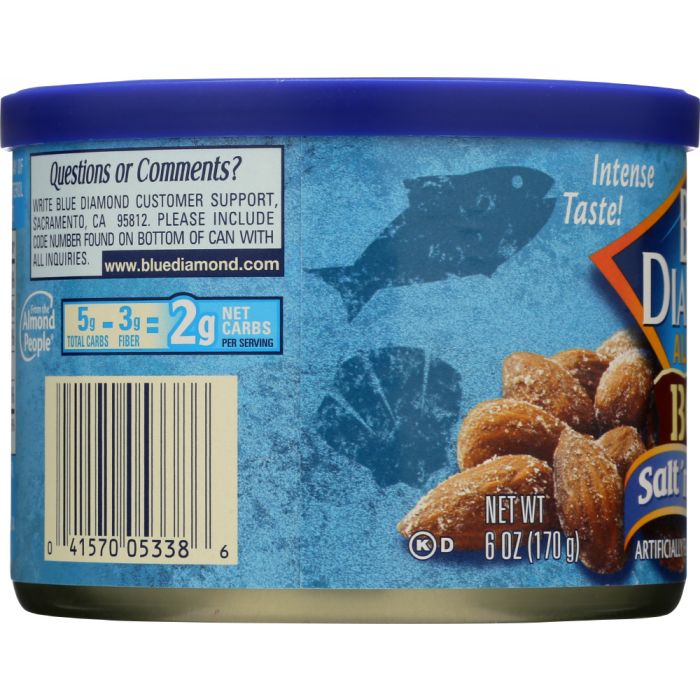 Side Label Photo of Blue Diamond Bold Salt n' Vinegar Almonds in Tin