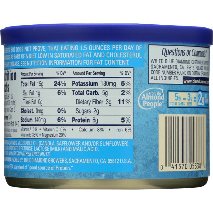 Nutritional Label Photo of Blue Diamond Bold Salt n' Vinegar Almonds in Tin