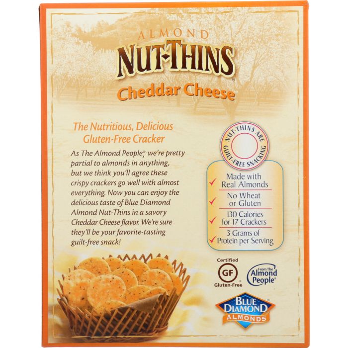Back of the Box Photo of Blue Diamond Cheddar Cheese Almond Nut Thins
