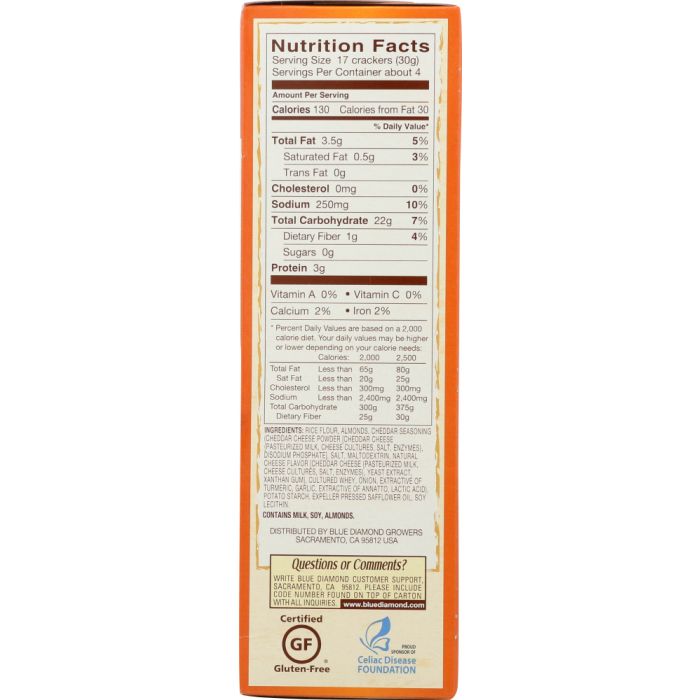 Nutritional Label Photo of Blue Diamond Cheddar Cheese Almond Nut Thins