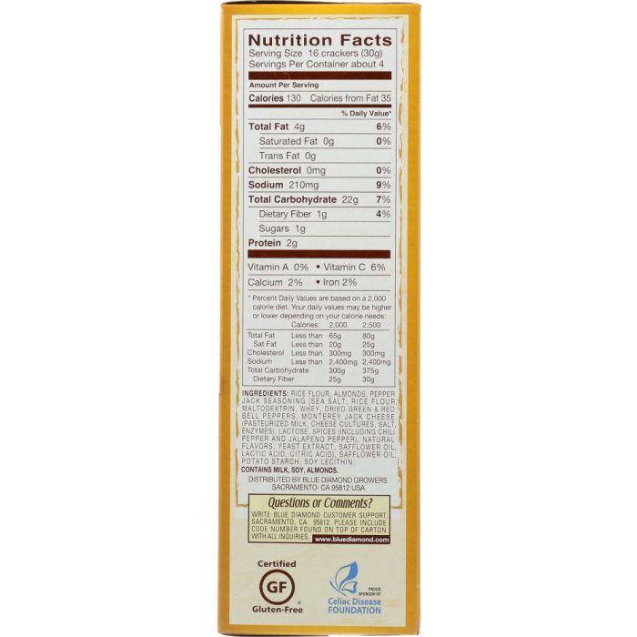 Nutritional Label Photo of Blue Diamond Pepper Jack Cheese Almond Nut Thins