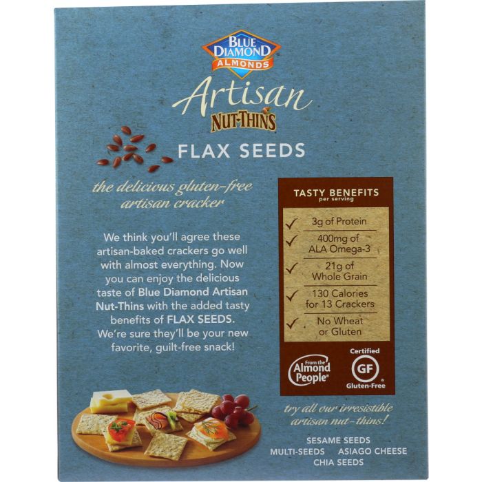 Back of the Box Photo of Blue Daiamond Flax Seeds Artisan Nut Thins