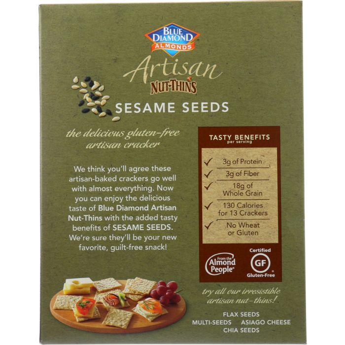 Back of the Box Photo of Blue Diamond Sesame Seeds Artisan Nut Thins