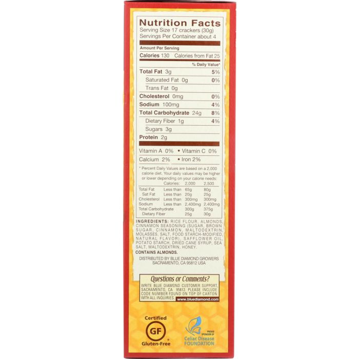 Nutritional Label of Photo of Blue Diamond Honey Cinnamon Nut Thins