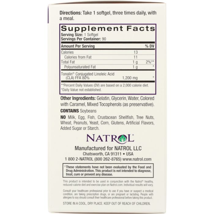 Supplements label photo of Natrol Tonalin CLA with Safflower Oil