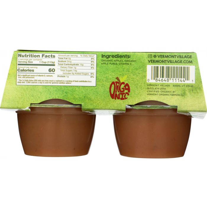 Back Packaging Photo of Vermont Village Organic Unsweetened Apple Sauce Cups